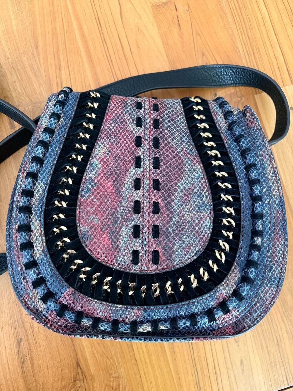 Aimee Kestenberg Snakeskin Print Crossbody Saddle Bag Chain Details Like New